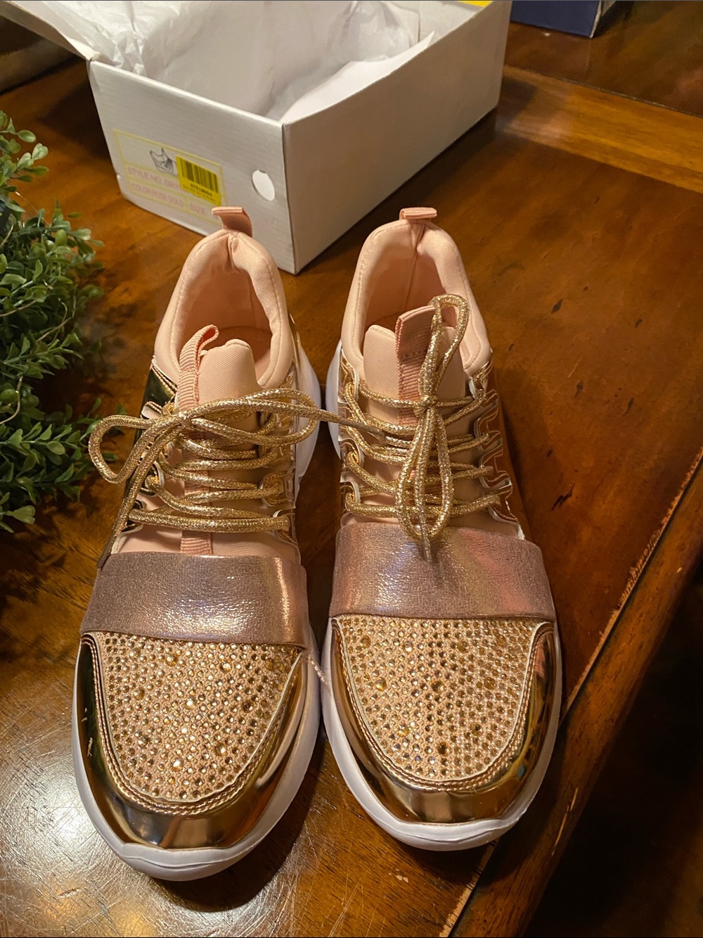 Metallic Rose Gold Women's Fashion Sneakers with Crystal Accents